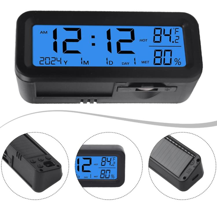 Car Solar-powered Clock With Luminous Light Thermometer Humidity Meter(Blue-red Light) - Clocks & Car Meters by buy2fix | Online Shopping UK | buy2fix