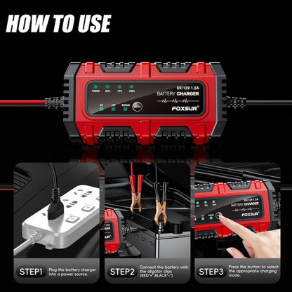 FOXSUR Smart 6V/12V 1.5A Battery Charger 4AH-30AH Lead Acid Battery Maintainer For Motorcycle/Car/ATV EU Plug - Battery Charger by FOXSUR | Online Shopping UK | buy2fix