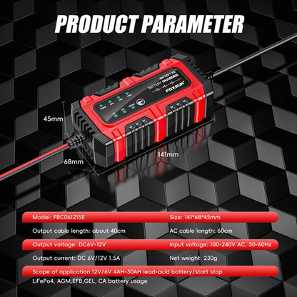 FOXSUR Smart 6V/12V 1.5A Battery Charger 4AH-30AH Lead Acid Battery Maintainer For Motorcycle/Car/ATV EU Plug - Battery Charger by FOXSUR | Online Shopping UK | buy2fix