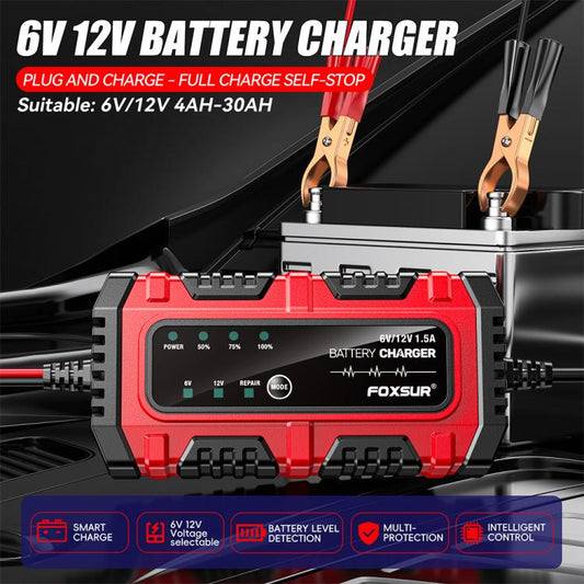 FOXSUR Smart 6V/12V 1.5A Battery Charger 4AH-30AH Lead Acid Battery Maintainer For Motorcycle/Car/ATV EU Plug - Battery Charger by FOXSUR | Online Shopping UK | buy2fix