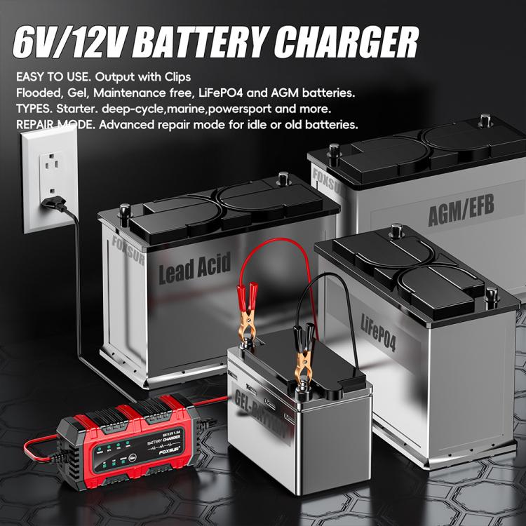 FOXSUR Smart 6V/12V 1.5A Battery Charger 4AH-30AH Lead Acid Battery Maintainer For Motorcycle/Car/ATV UK Plug - Battery Charger by FOXSUR | Online Shopping UK | buy2fix