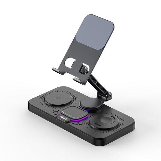 4-in-1 Fast Wireless Charging Station for Phone/Tablet/Apple Watch/AirPods Magnetic Foldable Stand with Clock Display & Cool Light Effect(Black)