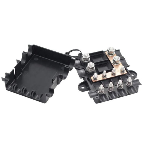 6-Way Automotive Fuse Block Box, 2-500A 32V DC, with 2 Input and 4 Output Terminals Black