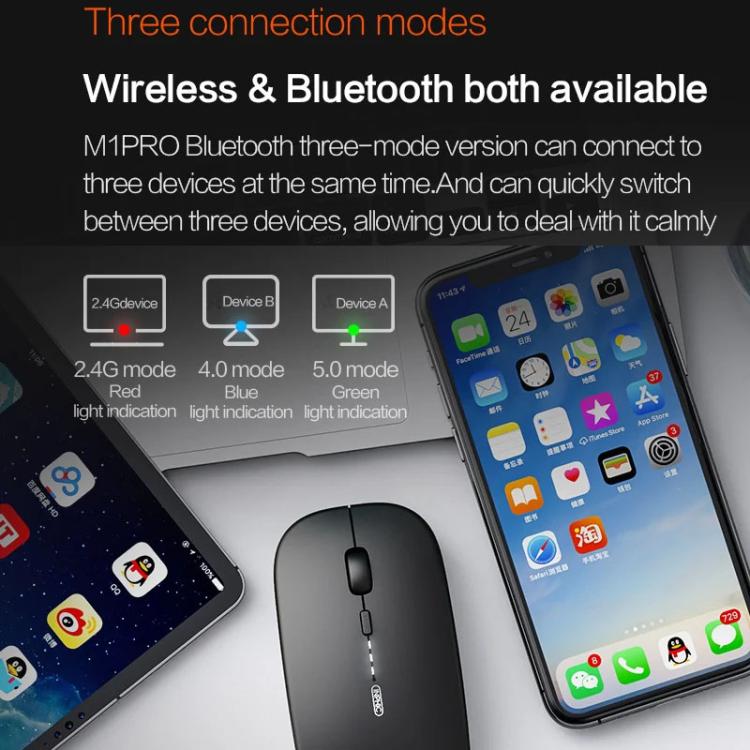 Inphic M1 PRO Wireless Bluetooth Tri-mode Rechargeable Mute Mouse With Battery Level Display(Black) - Wireless Mice by Inphic | Online Shopping UK | buy2fix