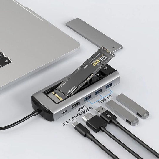 6-In-1 Type-C/USB-C To PD+HDMI (4K 30hz) +USB3.0 X 3+SATA/NVME SSD Docking Station