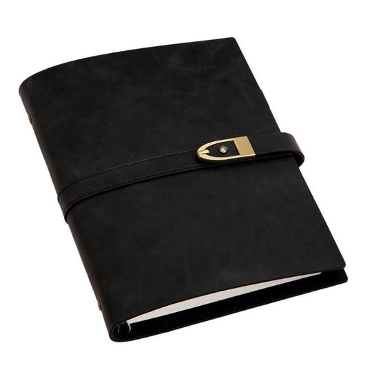 A5 Genuine Leather Travel Journal Refillable Notebook with Vintage Soft Cover & Antique Brass Buckle Closure(Black)