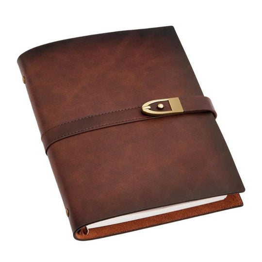 A5 Genuine Leather Travel Journal Refillable Notebook with Vintage Soft Cover & Antique Brass Buckle Closure(Deep Coffee)