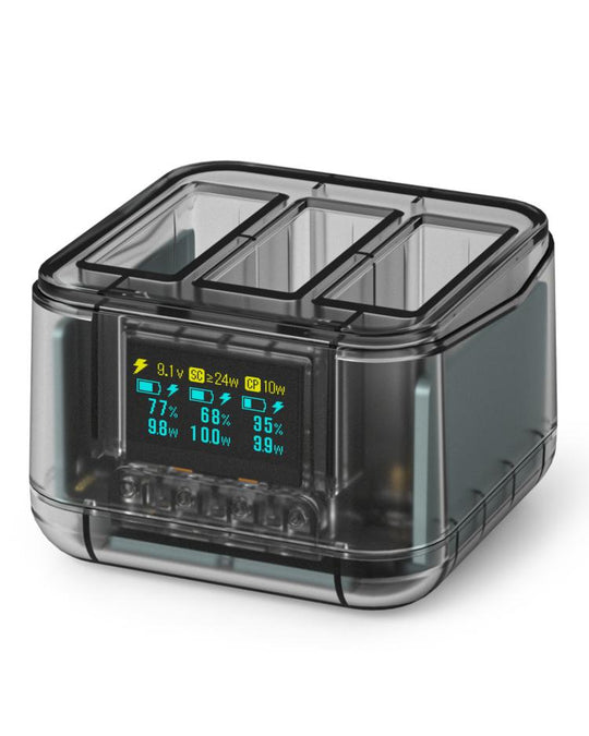 SYMIK Fast Charging Case For DJI Osmo Action 5 Pro / 4 / 3 Three Channel Battery Charger With 0.96-Inch OLED Screen(Transparent Black)