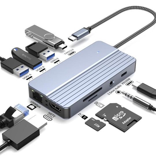 10-In-1 USB-C/Type-C Hub With 100W Power Delivery, HDMI 4K 30Hz, USB 3.0/2.0 Ports, SD/TF Card Reader, 100Mbps Ethernet & Audio Jack