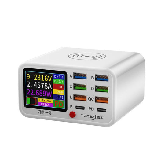 TENSAI 65W 8-Port USB Charging Station With 1.8-Inch LCD Display & 15W Wireless Charger US Plug