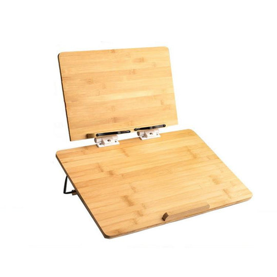2-Tier Bamboo Reading Stand Tablet Holder, 6-Level Height Adjustable Book Rest & Laptop Riser 50x36cm Light