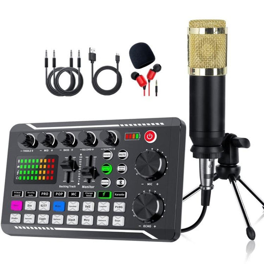F998 Sound Card With BM800 Condenser Microphone Set Complete Karaoke And Broadcasting Kit Tripod Gold