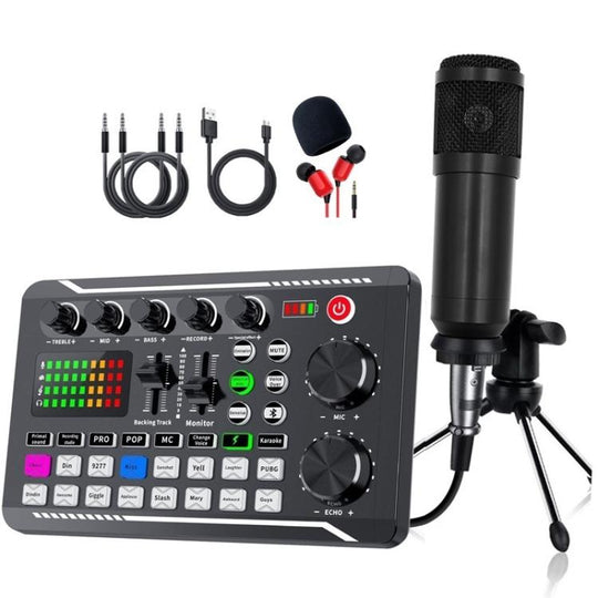 F998 Sound Card With BM800 Condenser Microphone Set Complete Karaoke And Broadcasting Kit Tripod Black