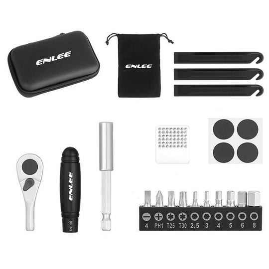 ENLEE 10pcs Bike Ratchet Wrench Repair Kit Multi-Functional Tire Repair Emergency Tool Set(Black)
