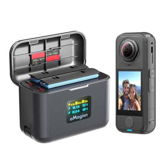 For Insta360 X4 Air Battery aMagisn 36W Fast Charging Case with Color Display & Built-in USB-C Cable(Black)