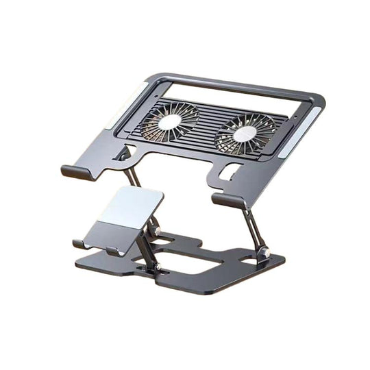 2-in-1 Foldable Laptop Tablet Stand Riser with Phone Holder Fan Type Black