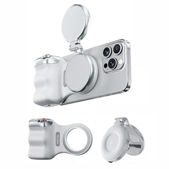 TELESIN Magnetic Phone Mounting Aid Photography Handle Remote Control Assistant, Spec: White Camera Grip+Silver Fill Light
