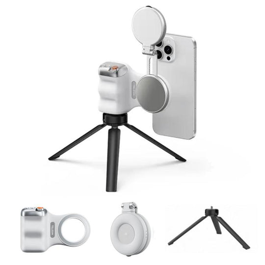 TELESIN Magnetic Phone Mounting Aid Photography Handle Remote Control Assistant, Spec: White Camera Grip+Tripod+White Fill Light