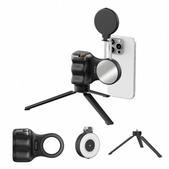 TELESIN Magnetic Phone Mounting Aid Photography Handle Remote Control Assistant, Spec: Black Camera Grip+Tripod+Black Fill Light