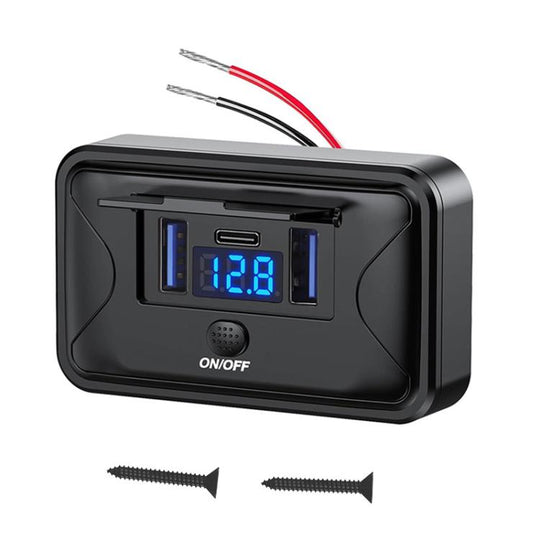 One To Three Car Fast Charger With Built-in Voltage Display With Waterproof Cover(Blue Light)