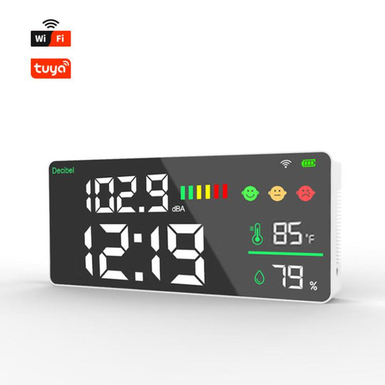 Tuya Smart 5-in-1 Wall-Mounted Noise Decibel Meter With Temperature, Humidity and Time Display, Spec: BASIC-F