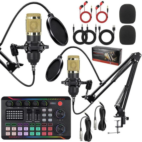 Dual BM800 Condenser Microphone With F998max Live Sound Card Kit Podcast Equipment Bundle Adjustable Scissor Arm Stand(Gold)
