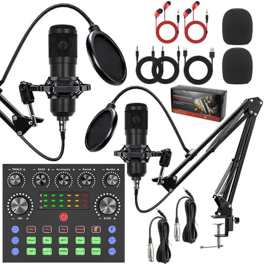 Dual BM800 Condenser Microphone with V8S Live Sound Card Kit Podcast Equipment Bundle Adjustable Scissor Arm Stand(Black)