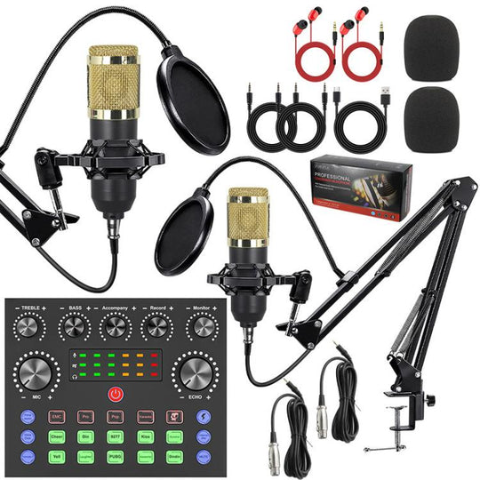 Dual BM800 Condenser Microphone with V8S Live Sound Card Kit Podcast Equipment Bundle Adjustable Scissor Arm Stand(Gold)