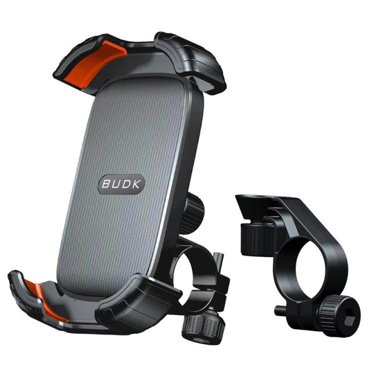 BUDK T02 Thickened Retractable Motorcycle Phone Holder Shockproof Bicycle Navigation Mount For Outdoor Riding, Style: Handlebar Black Orange