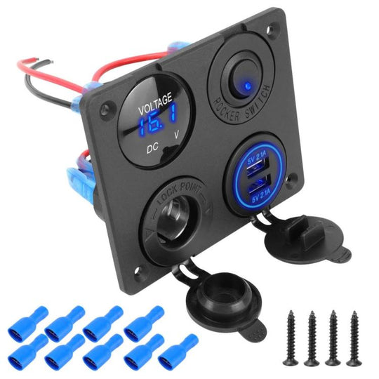 Cigarette Lighter Voltmeter 4.2A Dual USB Car Four-hole Panel Switch, Color: Blue Wired