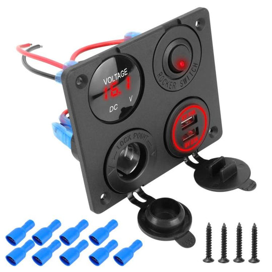 Cigarette Lighter Voltmeter 4.2A Dual USB Car Four-hole Panel Switch, Color: Red Wired