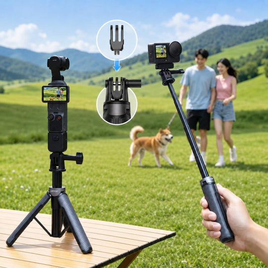 LKTOP Action Camera Tripod Selfie Stick 17.5-50cm Extendable Handheld Grip with 2-in-1 Dual Adapter(Black)
