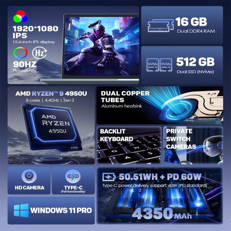 G16 Air 15.6 inch Gaming Laptop, 16GB+512GB, Windows 11 Pro AMD Ryzen 9 4950U Octa Core, US Plug - Others by buy2fix | Online Shopping UK | buy2fix
