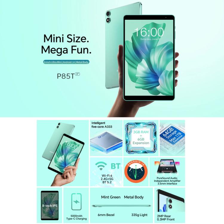 Teclast P85 Tablet PC 8 inch WiFi6, 3GB+64GB, Android 15 Allwinner A333 5-Core(Mint Green) - TECLAST by TECLAST | Online Shopping UK | buy2fix
