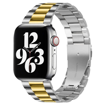 For Apple Watch Series 10 42mm / 9&8&7 41mm / SE 3&SE 2&6&SE&5&4 40mm / 3&2&1 38mm Fold Buckle 3 Beads Stainless Steel Watch Band (Gold + Silver) by buy2fix