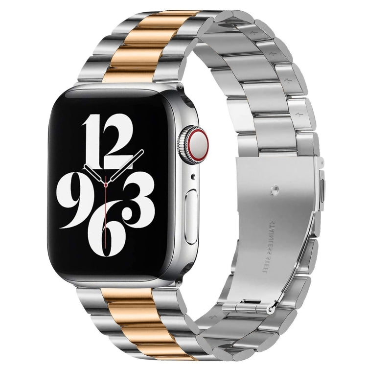 For Apple Watch Series 10 42mm / 9&8&7 41mm / SE 3&SE 2&6&SE&5&4 40mm / 3&2&1 38mm Fold Buckle 3 Beads Stainless Steel Watch Band (Silver+Rose Gold) by buy2fix