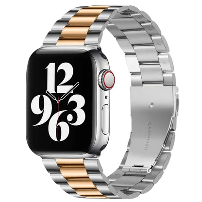 For Apple Watch Series 10 42mm / 9&8&7 41mm / SE 3&SE 2&6&SE&5&4 40mm / 3&2&1 38mm Fold Buckle 3 Beads Stainless Steel Watch Band (Silver+Rose Gold) by buy2fix
