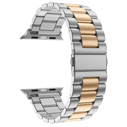 For Apple Watch Series 10 42mm / 9&8&7 41mm / SE 3&SE 2&6&SE&5&4 40mm / 3&2&1 38mm Fold Buckle 3 Beads Stainless Steel Watch Band (Silver+Rose Gold) by buy2fix