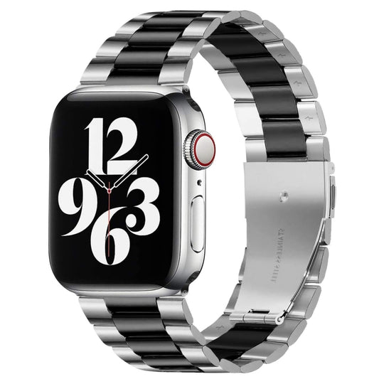 For Apple Watch Series 10 42mm / 9&8&7 41mm / SE 3&SE 2&6&SE&5&4 40mm / 3&2&1 38mm Fold Buckle 3 Beads Stainless Steel Watch Band (Silver Black) by buy2fix
