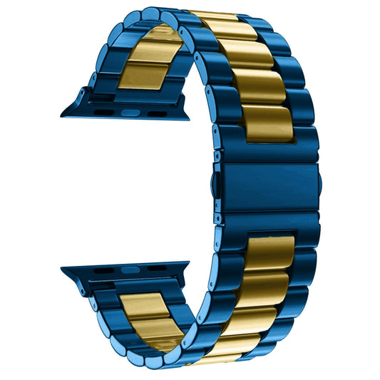 Fold Buckle 3 Beads Stainless Steel Watch Band For Apple Watch Ultra 49mm&Watch Ultra 2 49mm / Series 10 46mm / 9&8&7 45mm / SE 3&SE 2&6&SE&5&4 44mm / 3&2&1 42mm(Blue Gold) - Watch Bands by buy2fix | Online Shopping UK | buy2fix