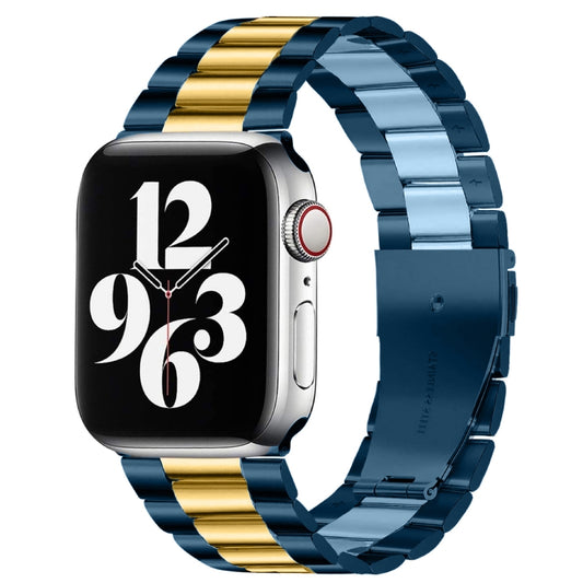 Fold Buckle 3 Beads Stainless Steel Watch Band For Apple Watch Ultra 49mm&Watch Ultra 2 49mm / Series 10 46mm / 9&8&7 45mm / SE 3&SE 2&6&SE&5&4 44mm / 3&2&1 42mm(Blue Gold) - Watch Bands by buy2fix | Online Shopping UK | buy2fix