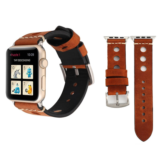 For Apple Watch Series 7 45mm / 6 & SE & 5 & 4 44mm / 42mm 3 & 2 & 1 Retro Hole Genuine Leather Wrist Watch Band by buy2fix