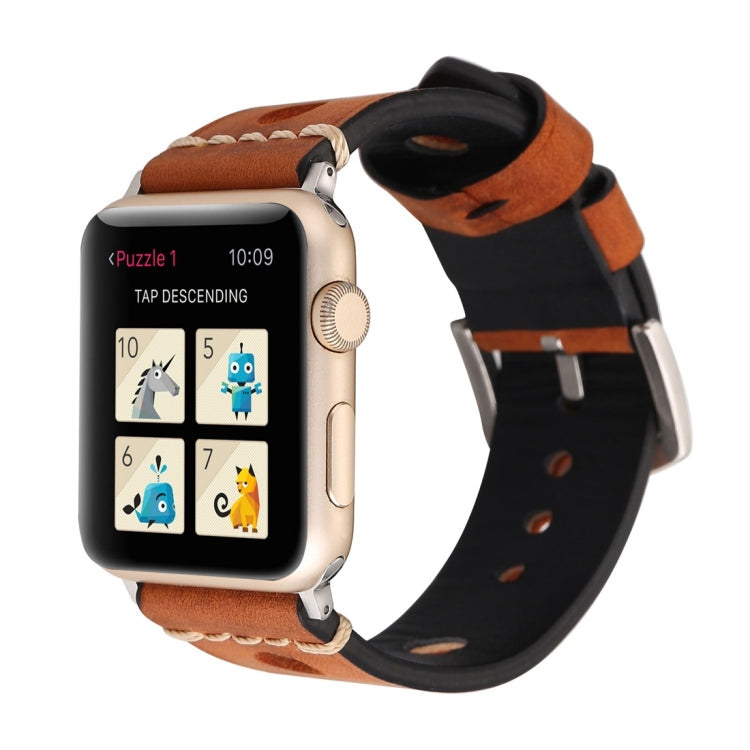 For Apple Watch Series 7 45mm / 6 & SE & 5 & 4 44mm / 42mm 3 & 2 & 1 Retro Hole Genuine Leather Wrist Watch Band by buy2fix