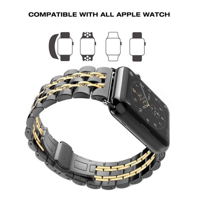 22mm Men Hidden Butterfly Buckle 7 Beads Stainless Steel Watch Band For Apple Watch 42mm(Black Gold) by buy2fix