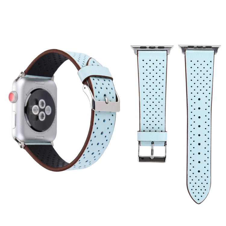 For Apple Watch Series 10 42mm / 9&8&7 41mm / SE 3&SE 2&6&SE&5&4 40mm / 3&2&1 38mm Simple Fashion Genuine Leather Hole Pattern Watch Band(Blue) - Watch Bands by buy2fix | Online Shopping UK | buy2fix