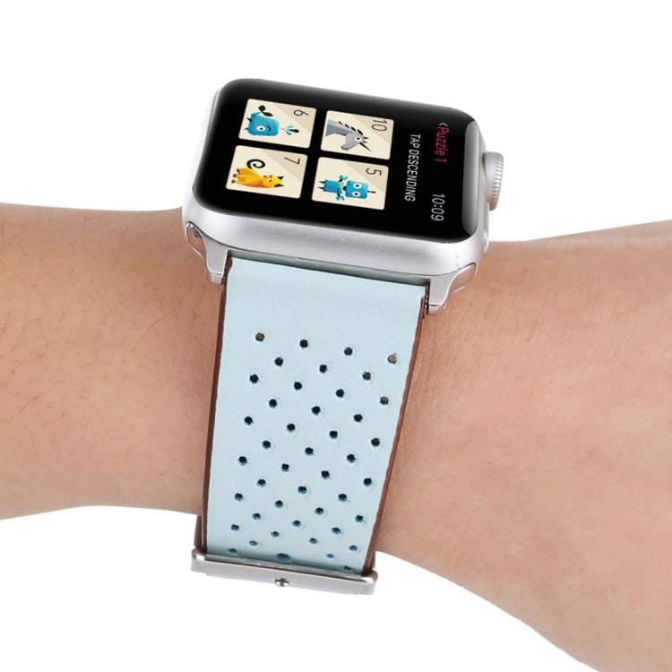For Apple Watch Series 10 42mm / 9&8&7 41mm / SE 3&SE 2&6&SE&5&4 40mm / 3&2&1 38mm Simple Fashion Genuine Leather Hole Pattern Watch Band(Blue) - Watch Bands by buy2fix | Online Shopping UK | buy2fix