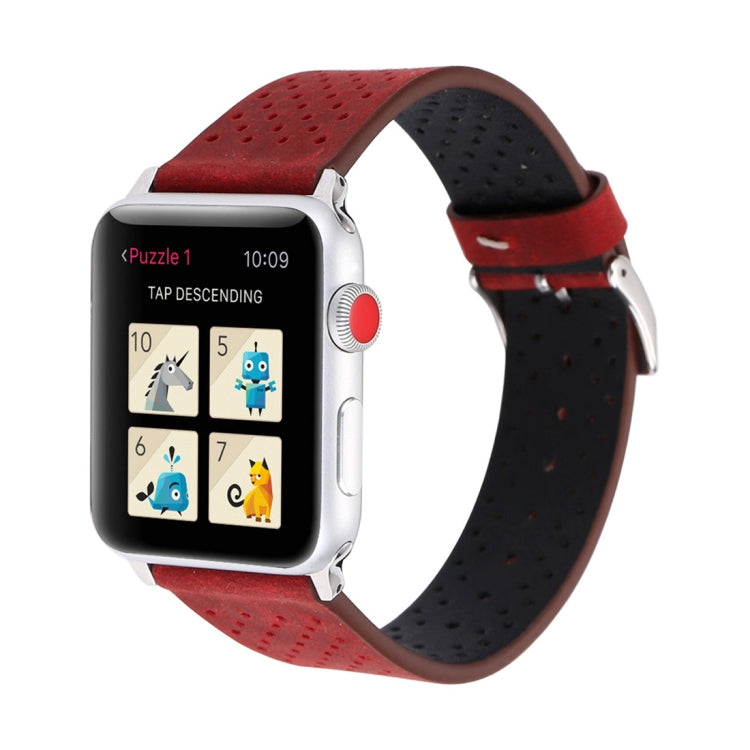 For Apple Watch Series 10 42mm / 9&8&7 41mm / SE 3&SE 2&6&SE&5&4 40mm / 3&2&1 38mm Simple Fashion Genuine Leather Hole Pattern Watch Band(Red) - Watch Bands by buy2fix | Online Shopping UK | buy2fix