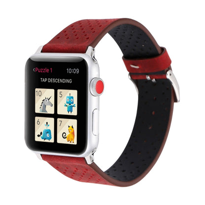 For Apple Watch Series 10 42mm / 9&8&7 41mm / SE 3&SE 2&6&SE&5&4 40mm / 3&2&1 38mm Simple Fashion Genuine Leather Hole Pattern Watch Band(Red) - Watch Bands by buy2fix | Online Shopping UK | buy2fix