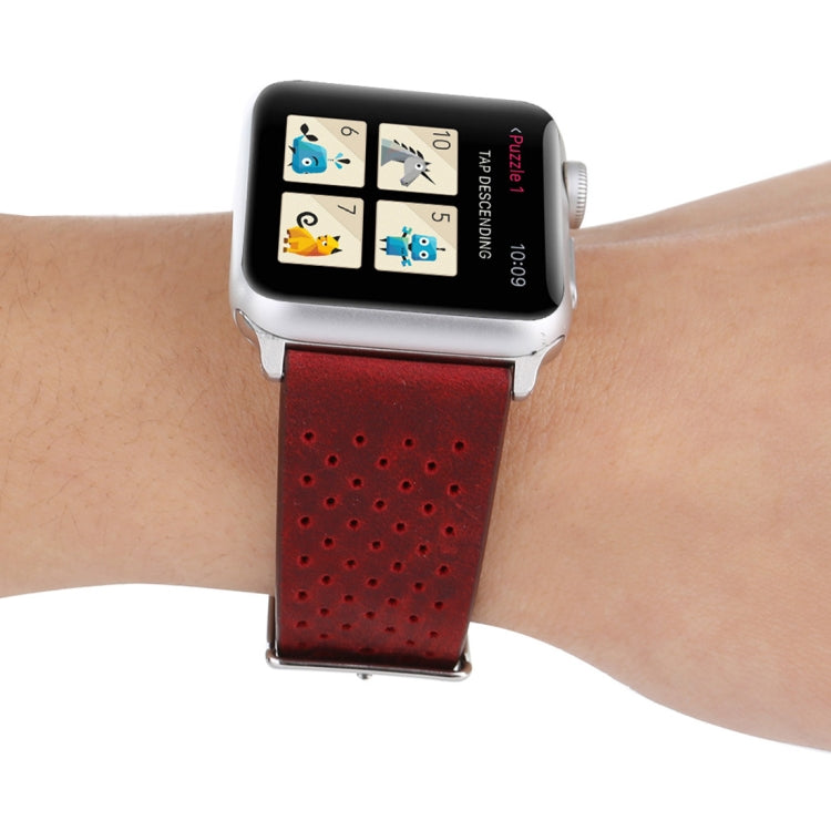For Apple Watch Series 10 42mm / 9&8&7 41mm / SE 3&SE 2&6&SE&5&4 40mm / 3&2&1 38mm Simple Fashion Genuine Leather Hole Pattern Watch Band(Red) - Watch Bands by buy2fix | Online Shopping UK | buy2fix