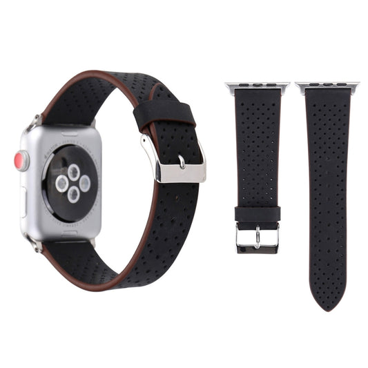 For Apple Watch Ultra 49mm&Watch Ultra 2 49mm / Series 10 46mm / 9&8&7 45mm / SE 3&SE 2&6&SE&5&4 44mm / 3&2&1 42mm Simple Fashion Genuine Leather Hole Pattern Watch Band(Black) by buy2fix